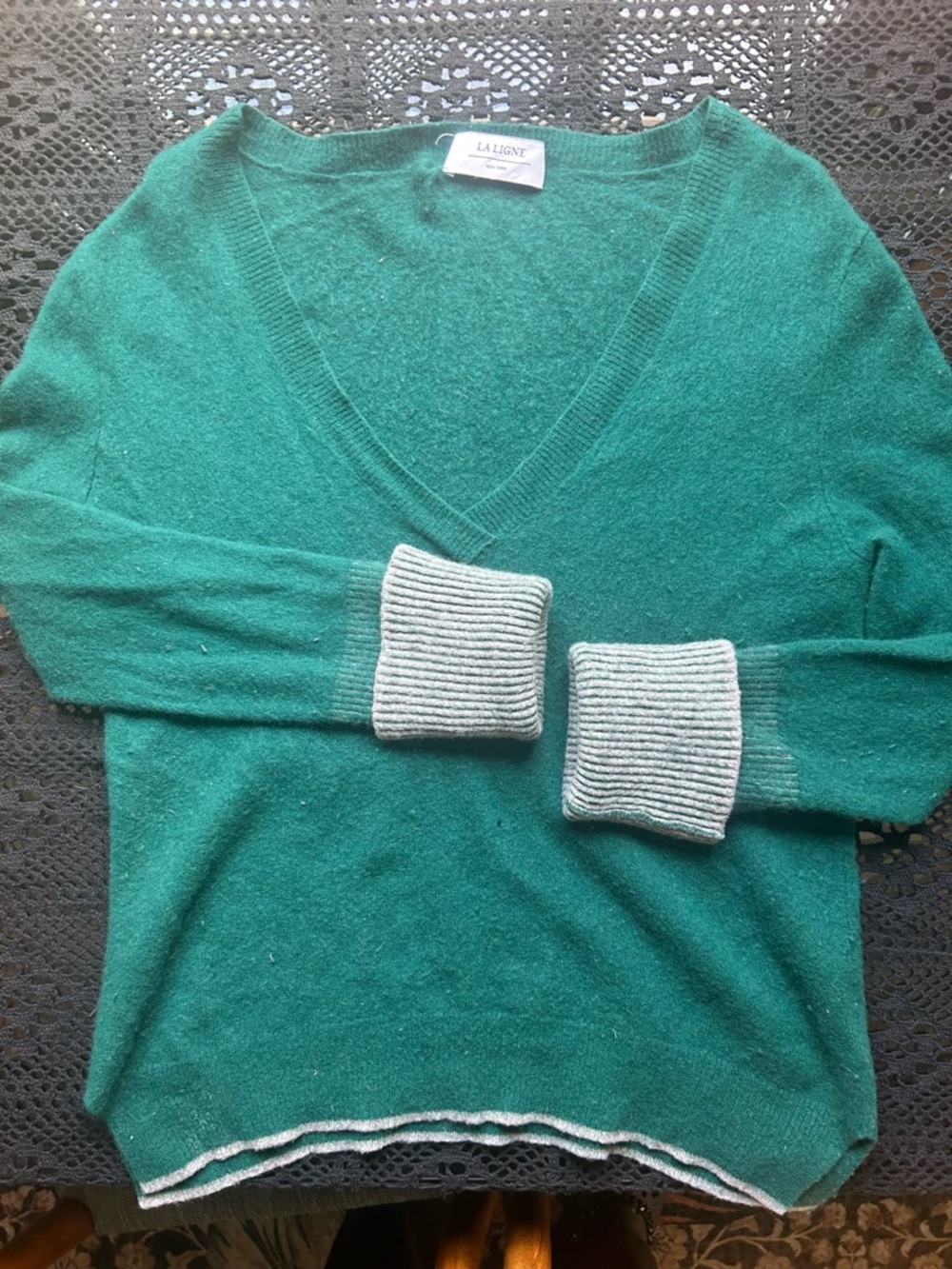 La Ligne Emerald Green V-Neck Sweater with Light Gray Cuffs